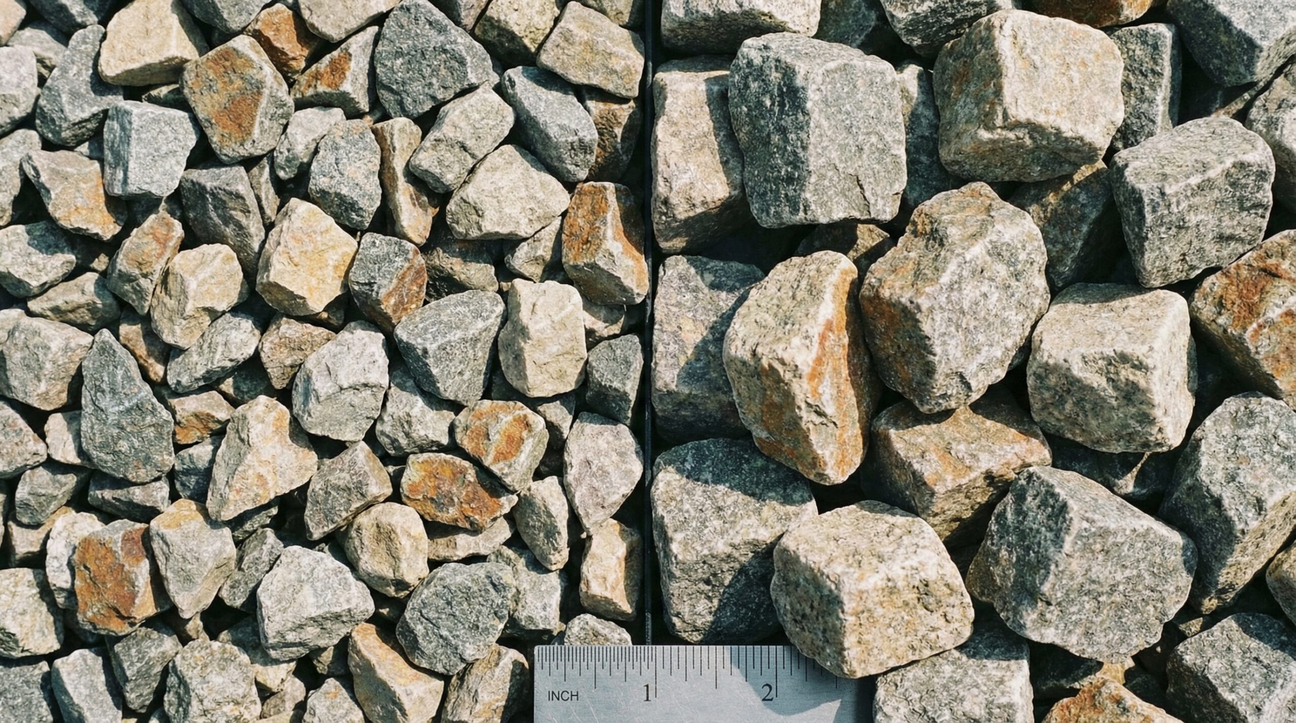 Close up comparison of 3/4 inch vs 1 inch crushed stone