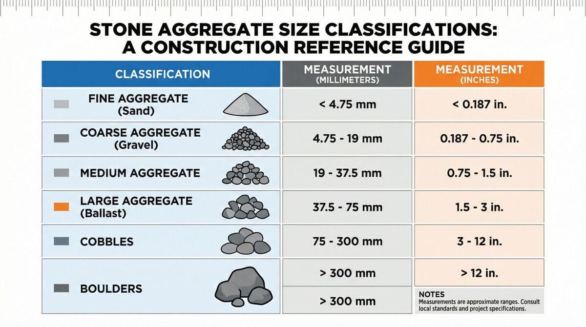 detailed stone aggregate size chart with measurements and applications