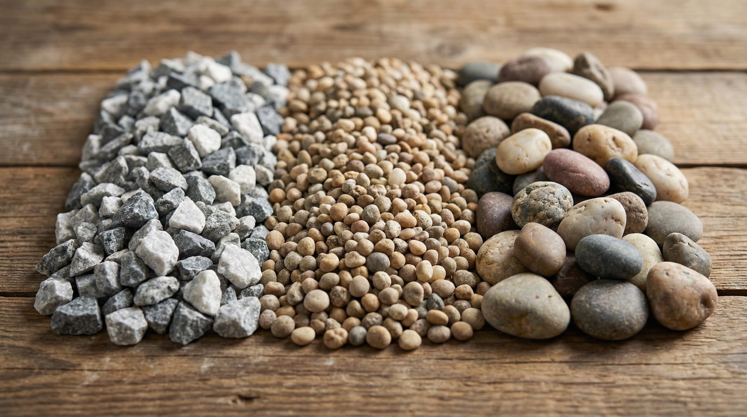 Different types of gravel samples: crushed stone, pea gravel, and river rock
