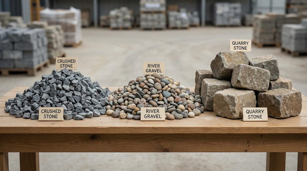 Different types of construction stones including crushed stone, gravel, and quarry stone