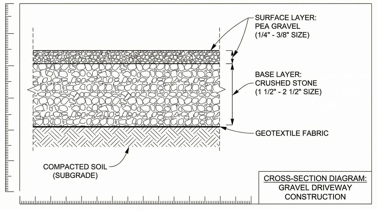 Cross-section diagram showing gravel layers in driveway construction with different sizes labeled