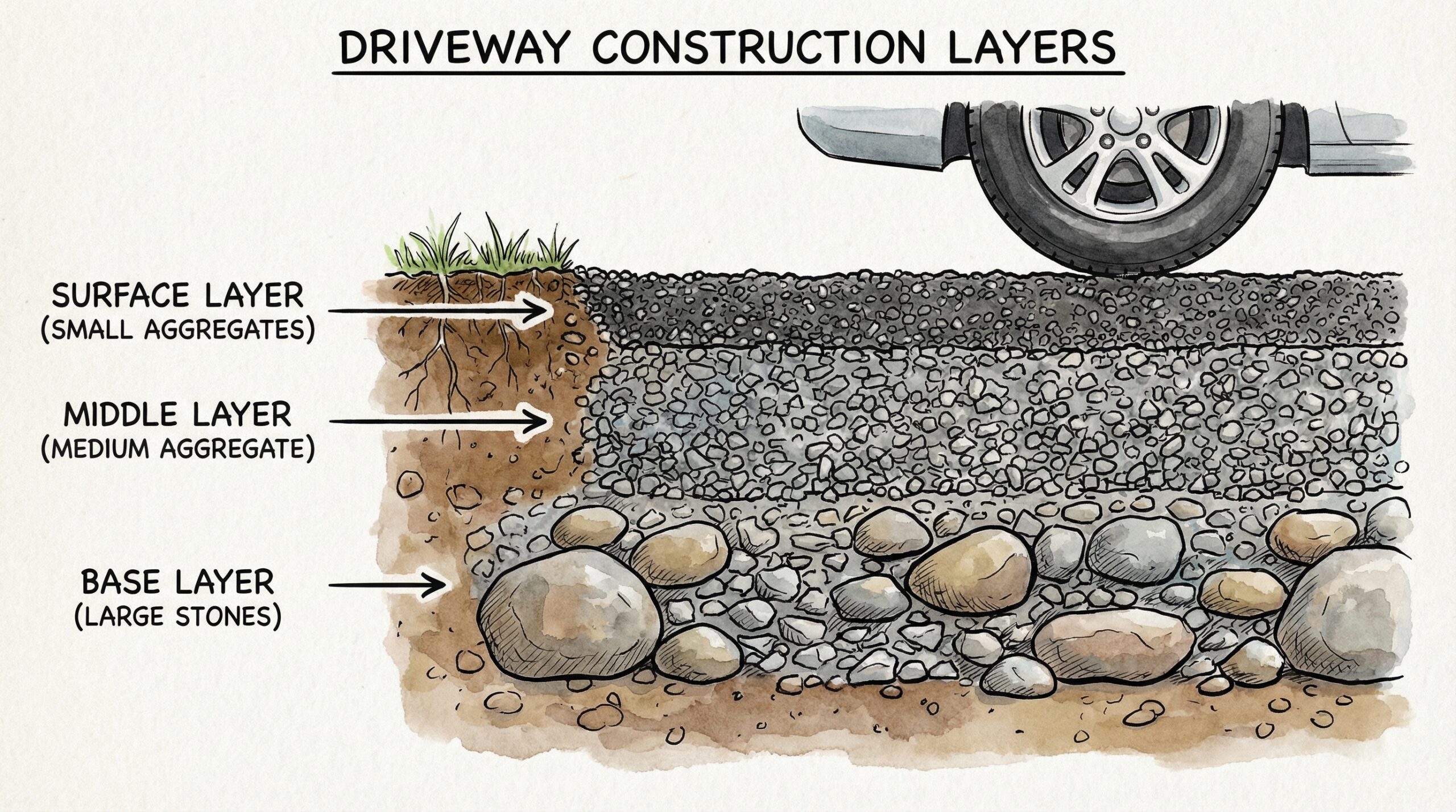 Cross section view of three layer driveway construction with different stone sizes