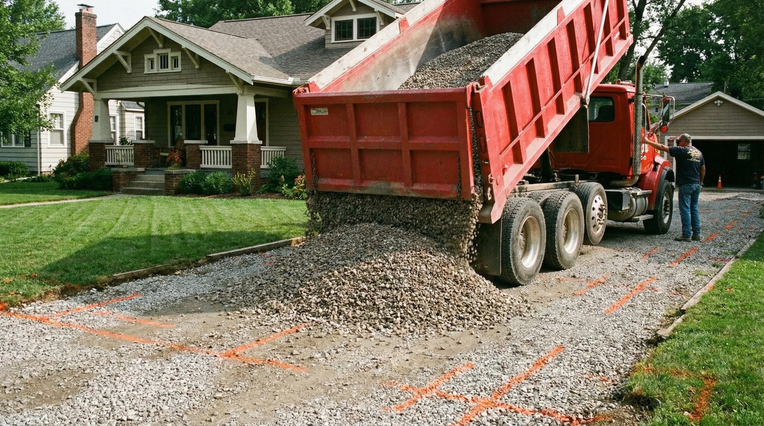 Dump truck delivering gravel to marked driveway area