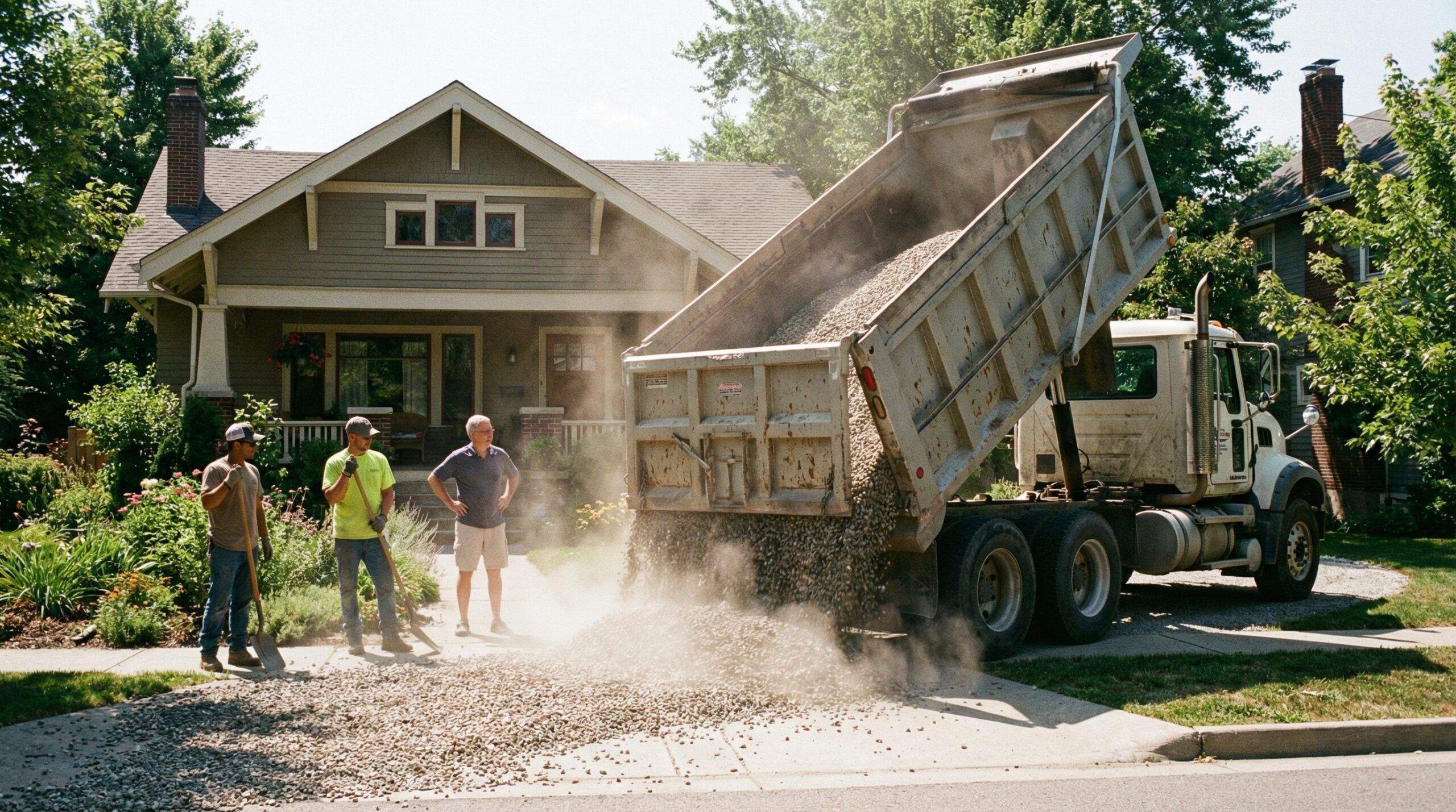 Dump truck delivering gravel to residential driveway
