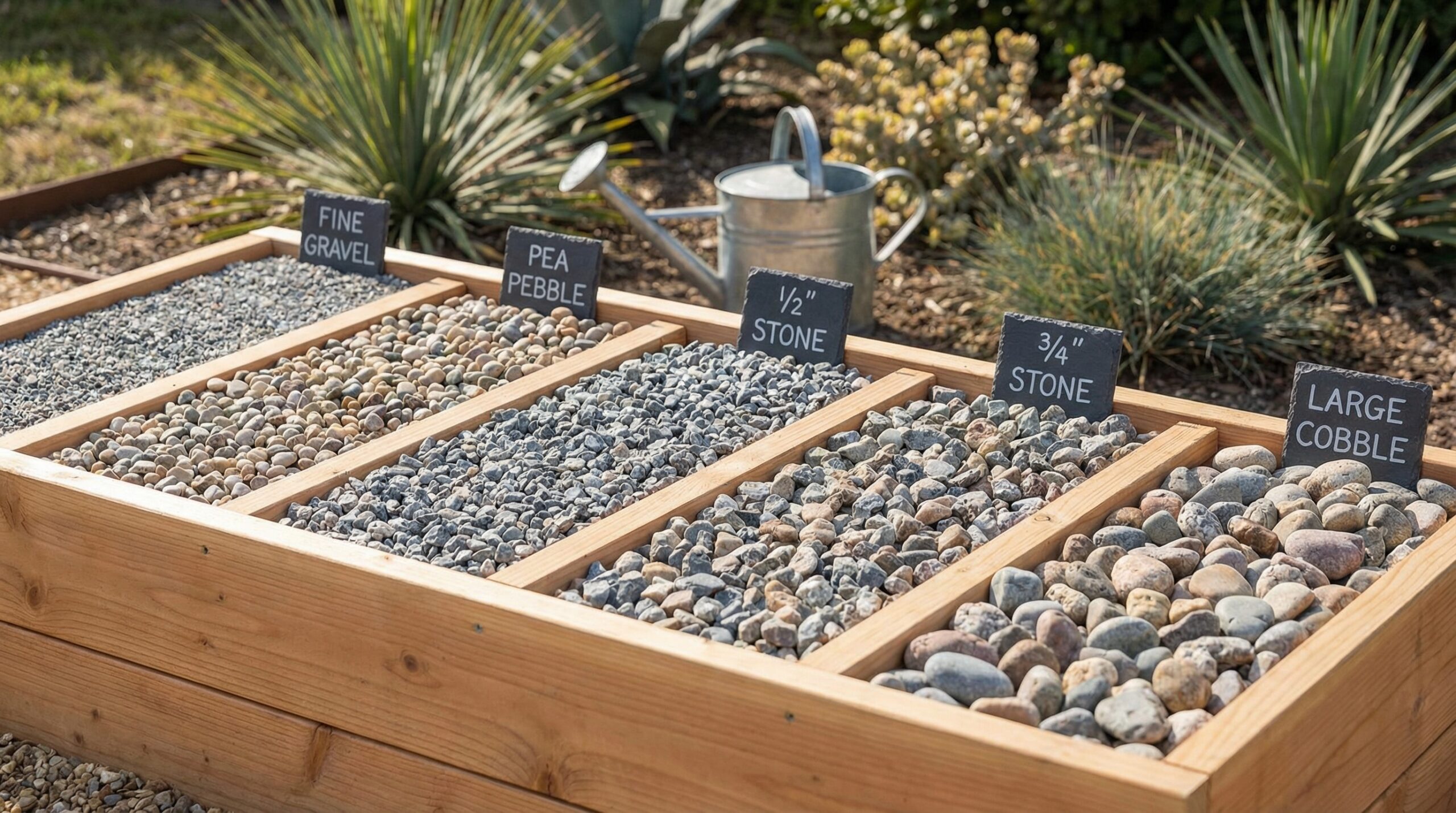Garden bed with different crushed stone sizes comparison