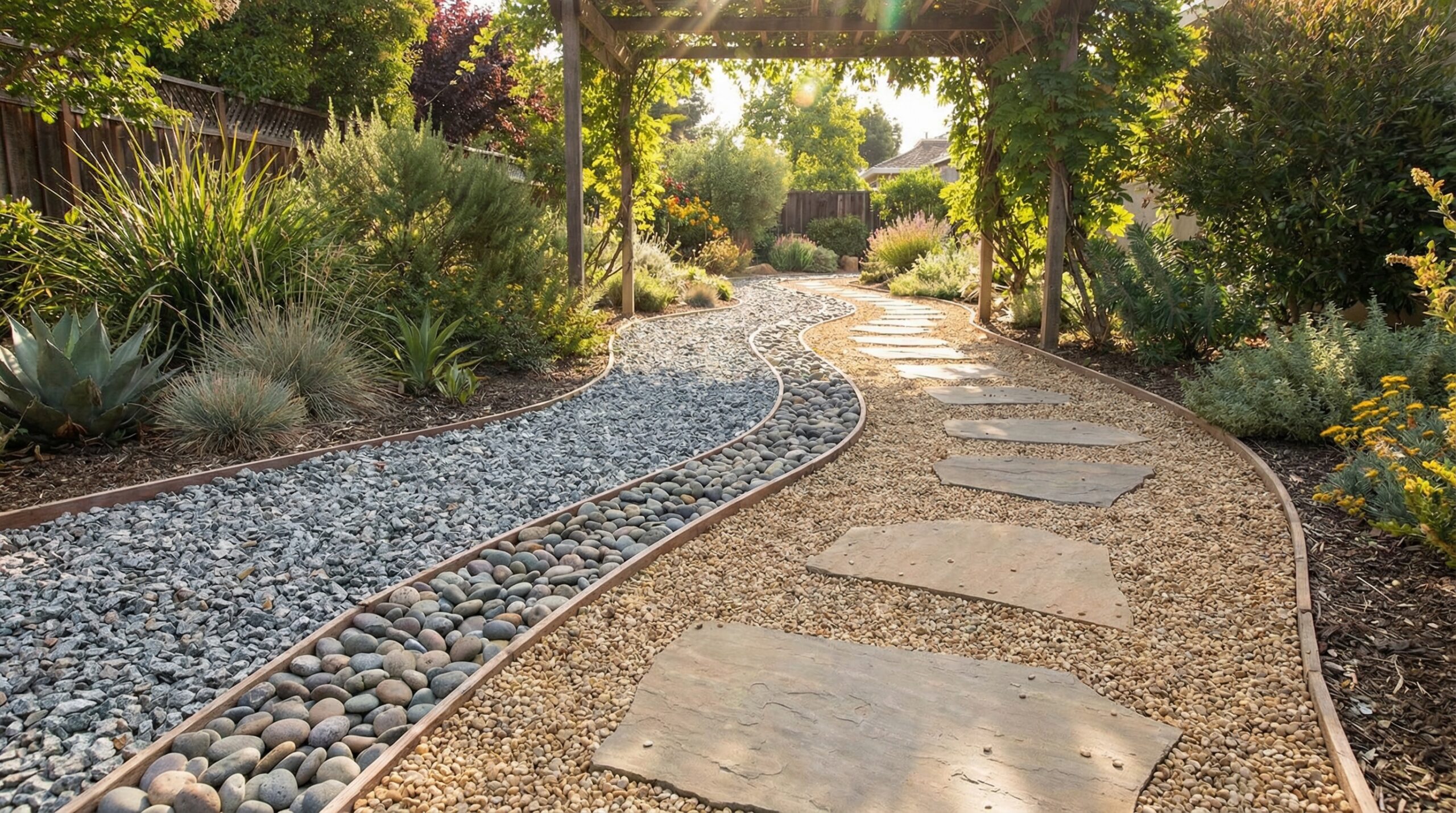 well-designed garden pathway using mixed gravel types for both function and beauty