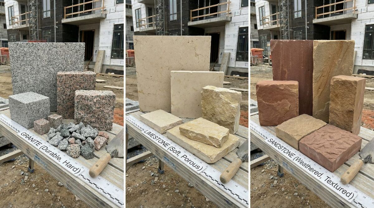 Comparison of granite, limestone, and sandstone in various sizes
