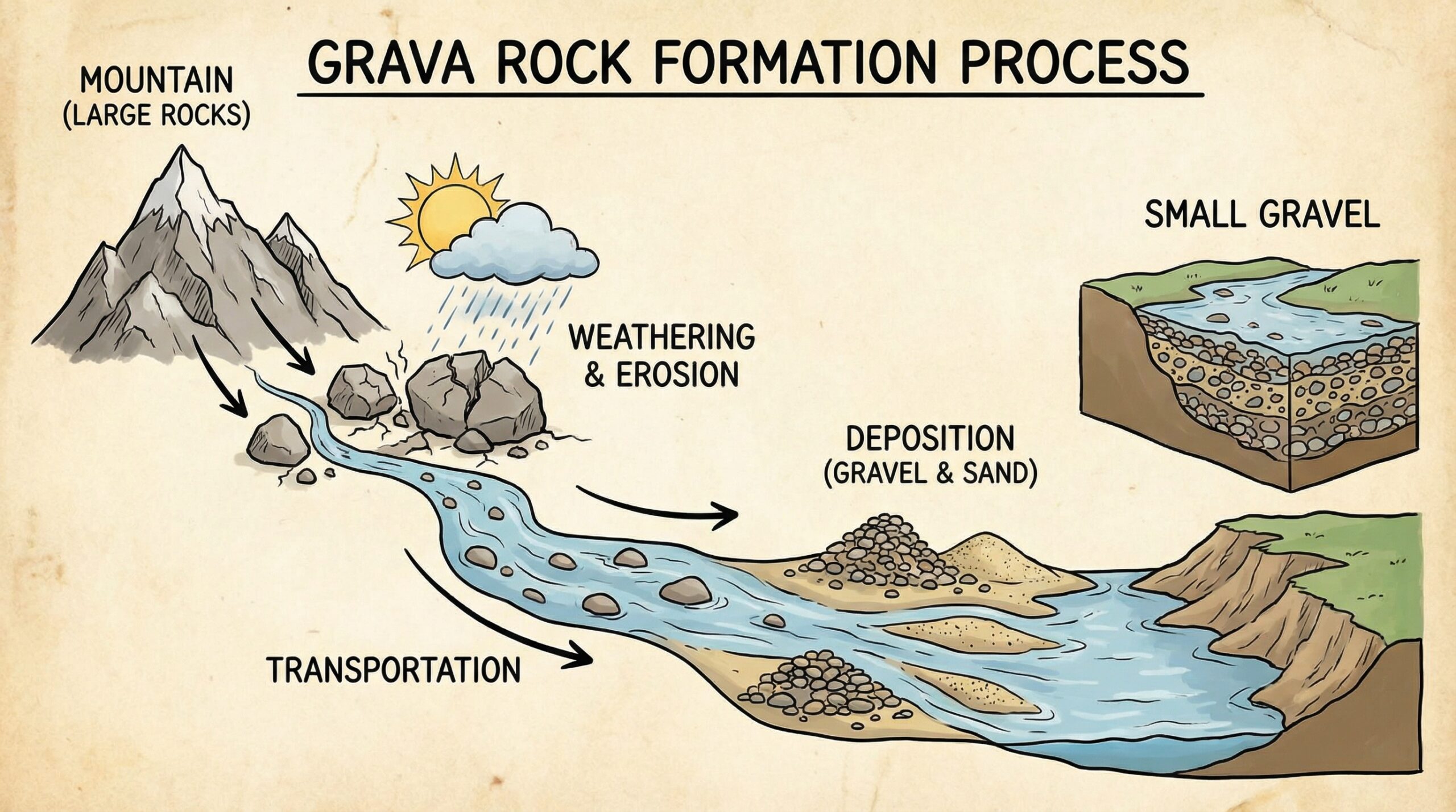 diagram showing grava rock formation process from large rocks to small gravel