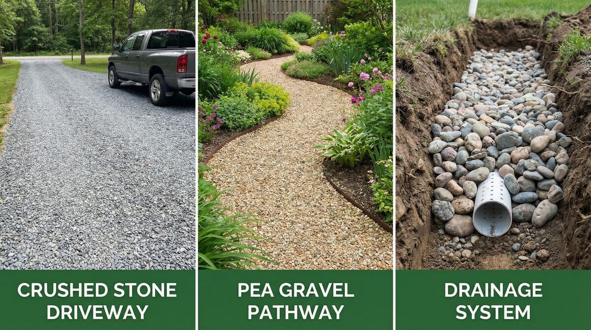 Comparison photo showing different gravel applications - driveway, pathway, and drainage