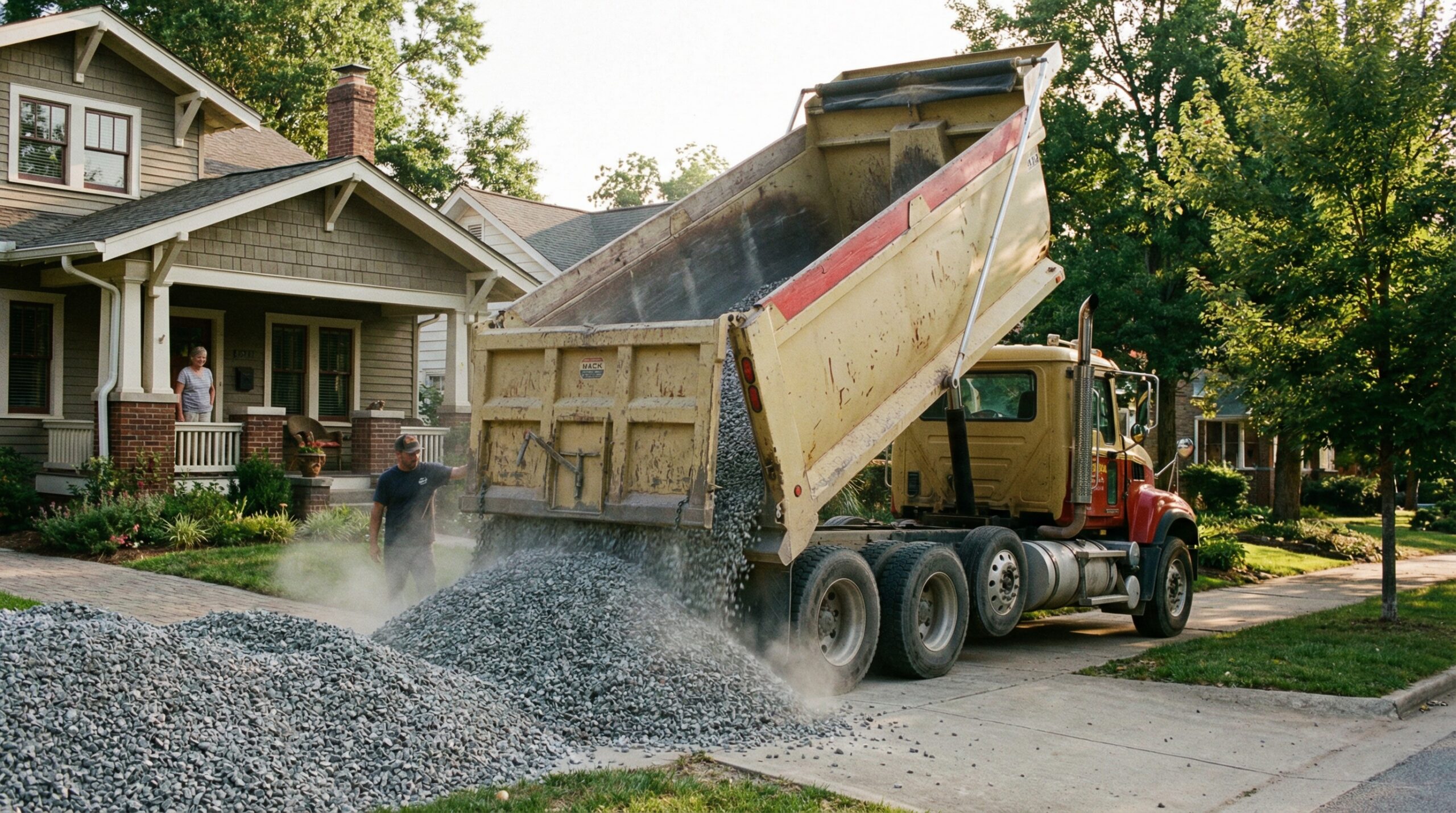 Gravel delivery truck dumping stones on residential driveway