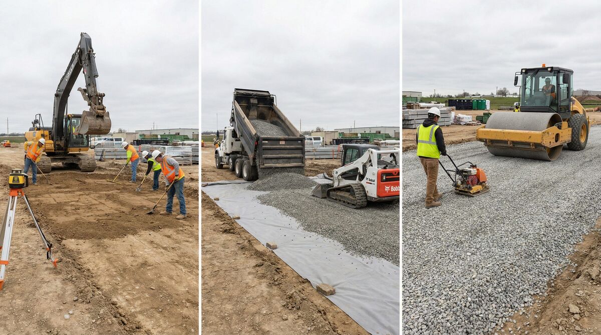 gravel installation process showing base preparation and compaction