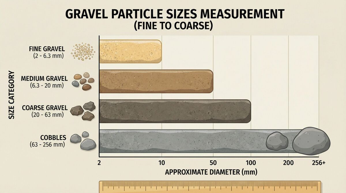 Gravel measurement chart showing particle sizes