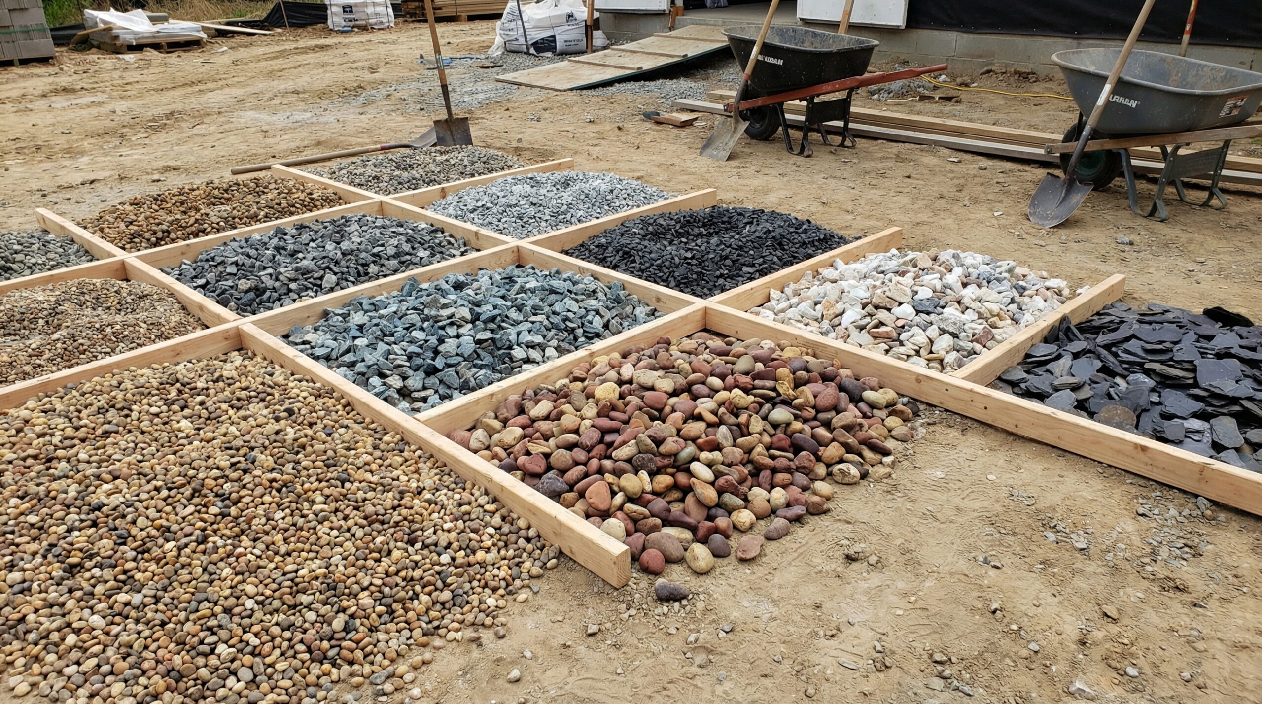 Various types of gravel samples displayed on construction site