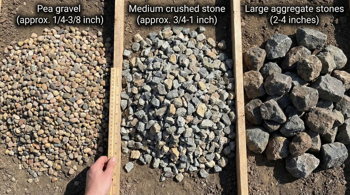 Visual comparison of different gravel sizes showing pea gravel, medium crushed stone and large aggregate