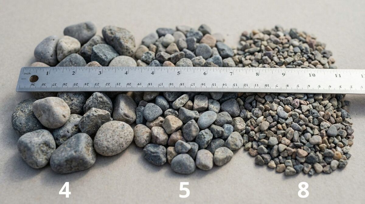 Close-up comparison of number 4, 5, and 8 gravel stones with ruler