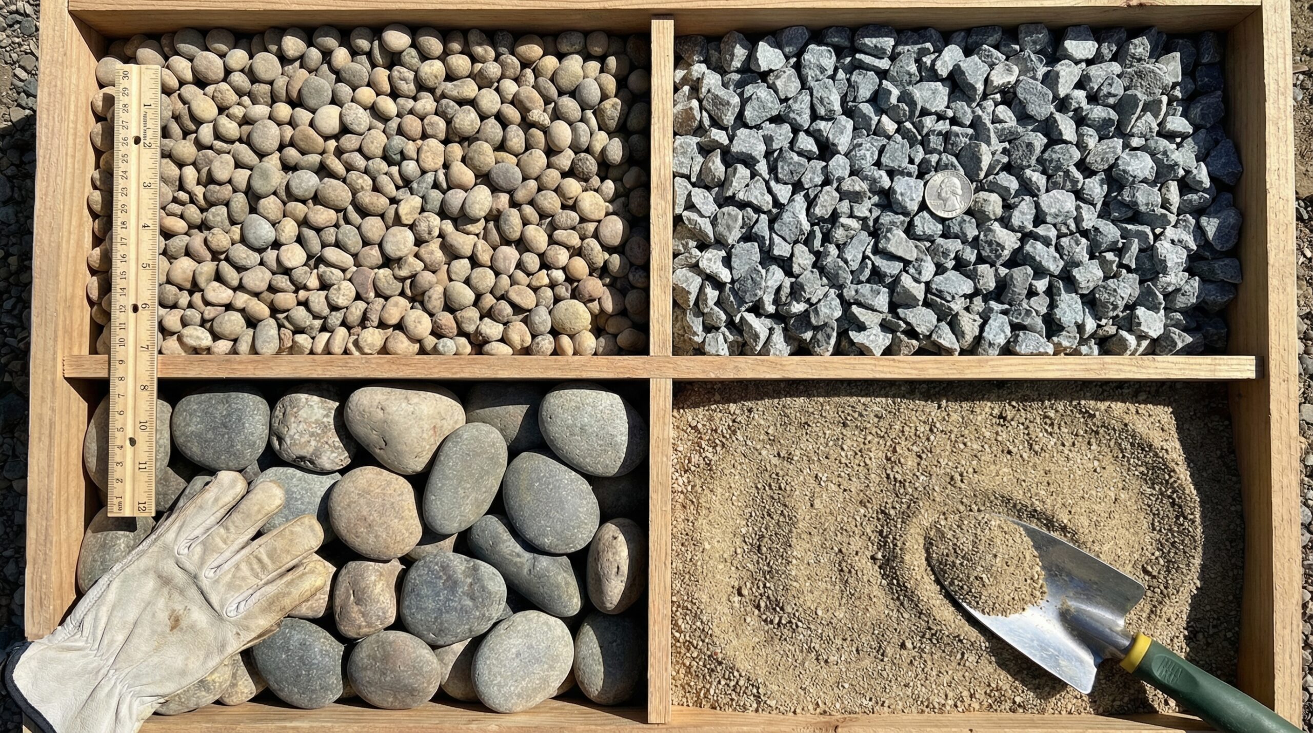 Comparison of different gravel types with size references