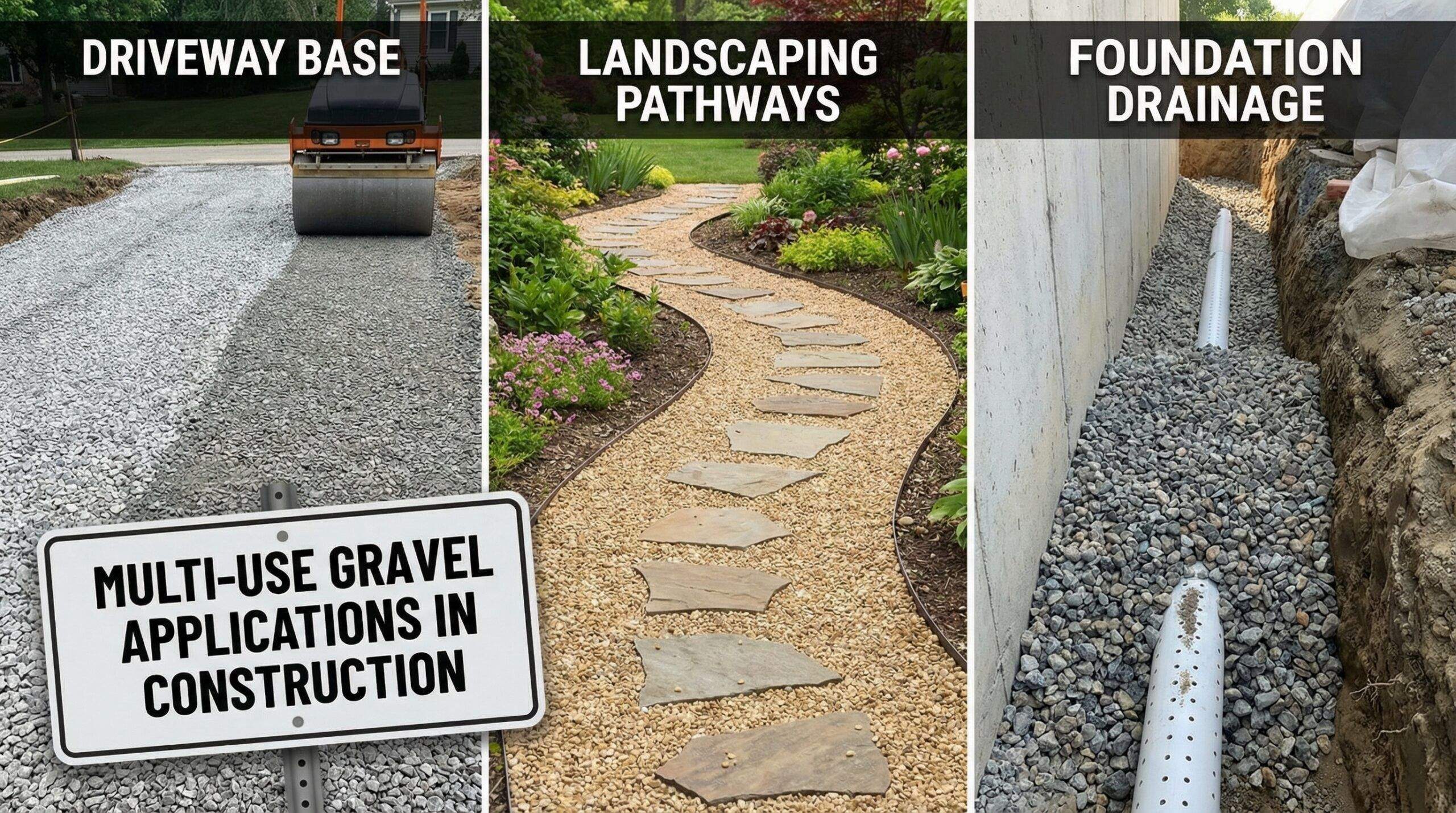 Different gravel applications in driveway, landscaping, and foundation