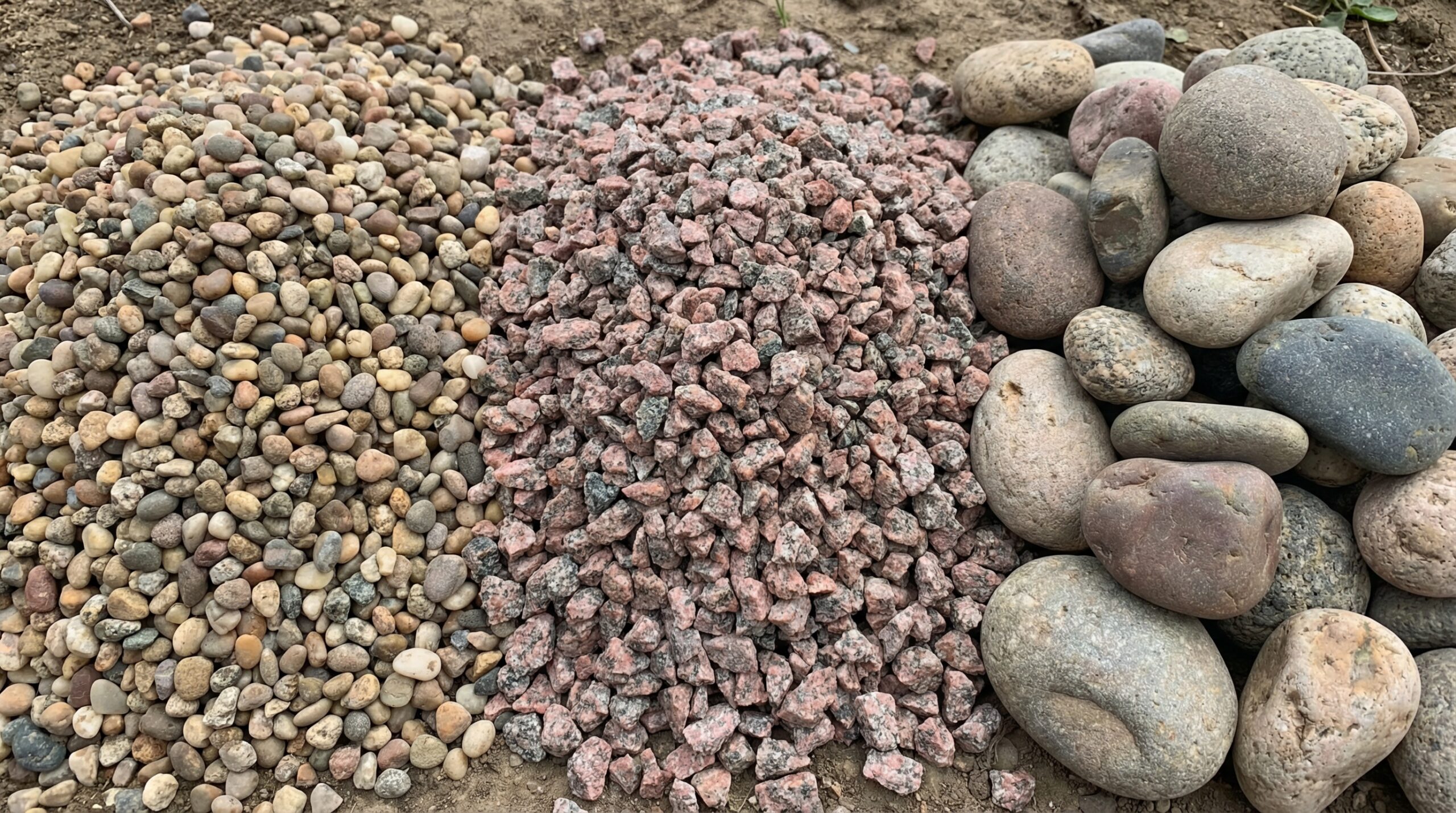 Close-up comparison showing pea gravel, crushed granite, and river rock side by side