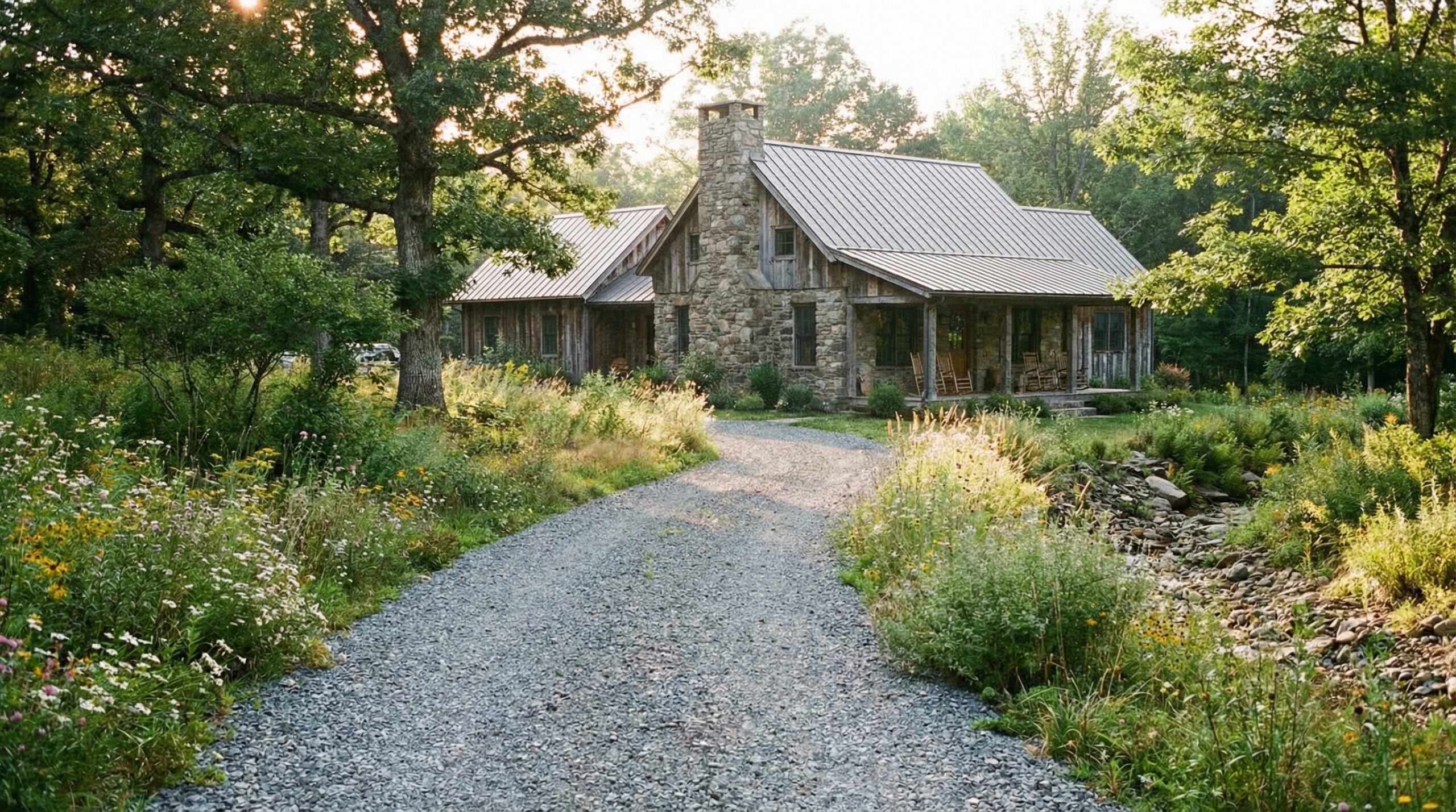 gravel driveway with natural landscaping and rustic home