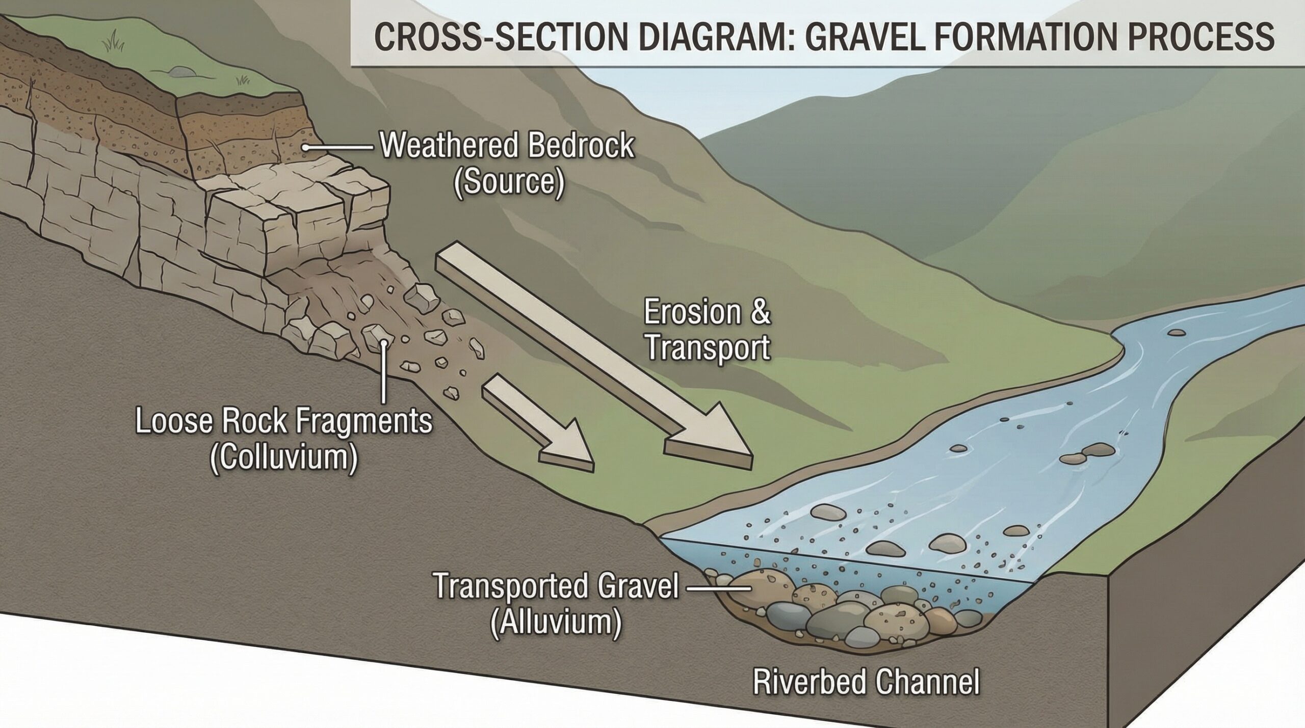 Cross-section diagram showing gravel formation process from weathered rock to transported fragments in a riverbed