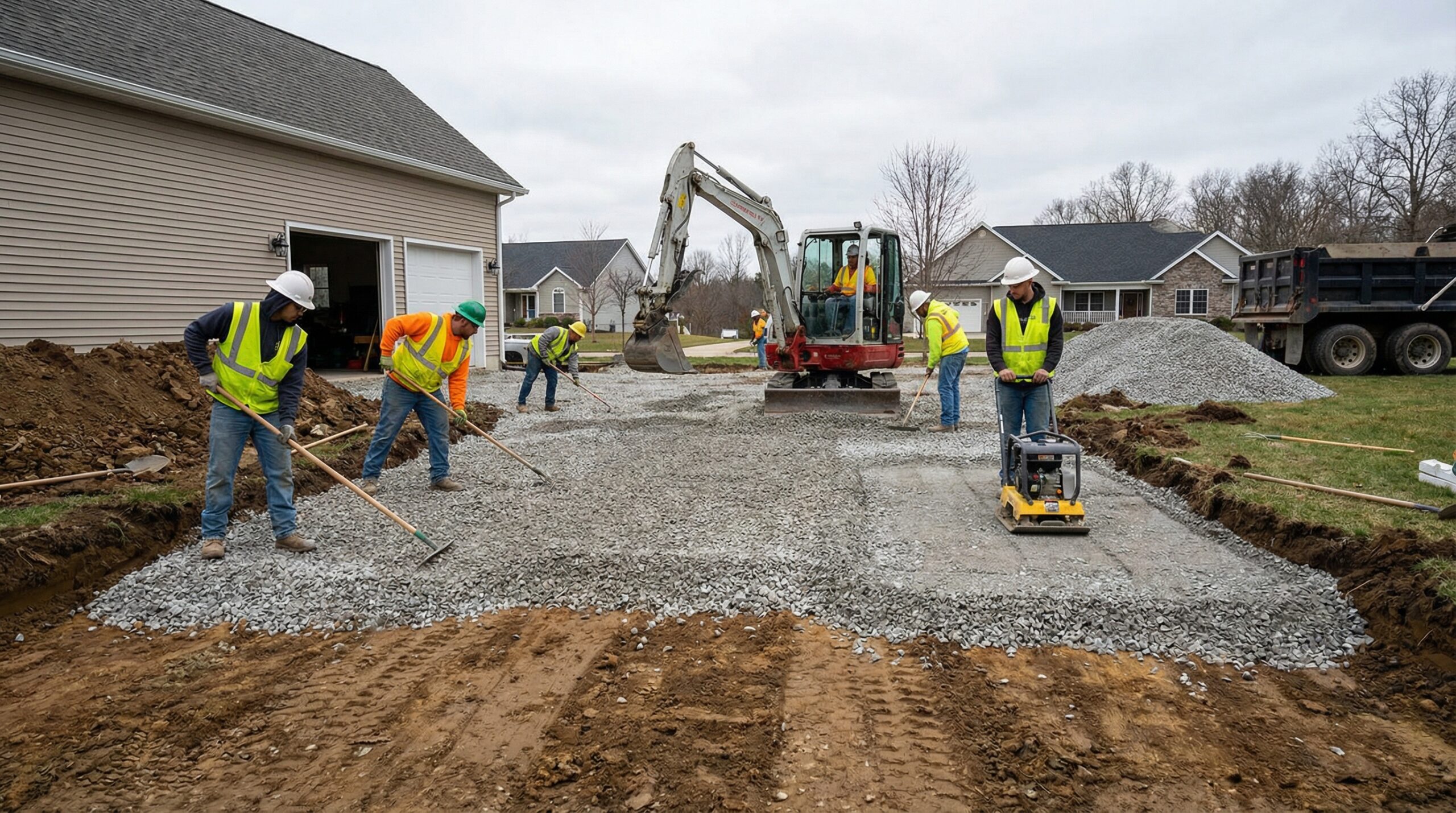 step-by-step installation process showing ground preparation and gravel spreading techniques
