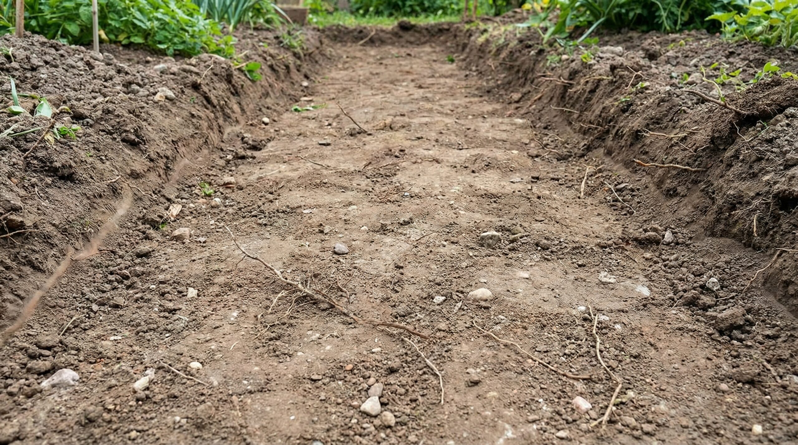 Step-by-step installation showing ground preparation, fabric laying, and gravel spreading