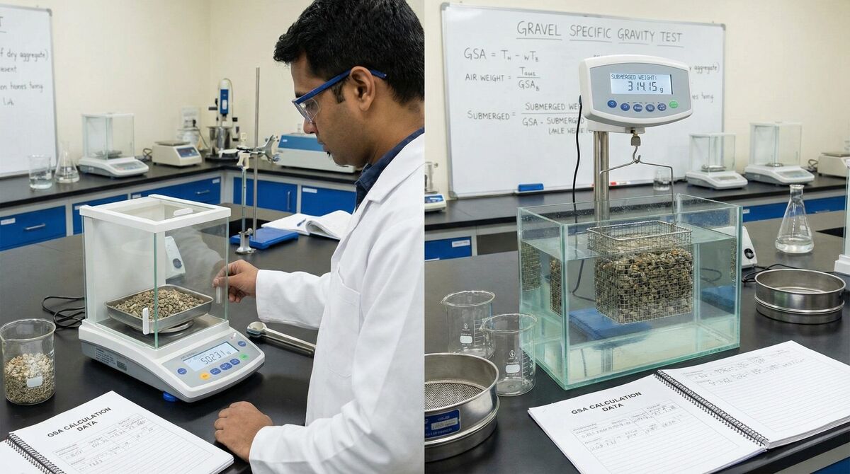 Gravel sample being weighed in air and underwater for GSA calculation