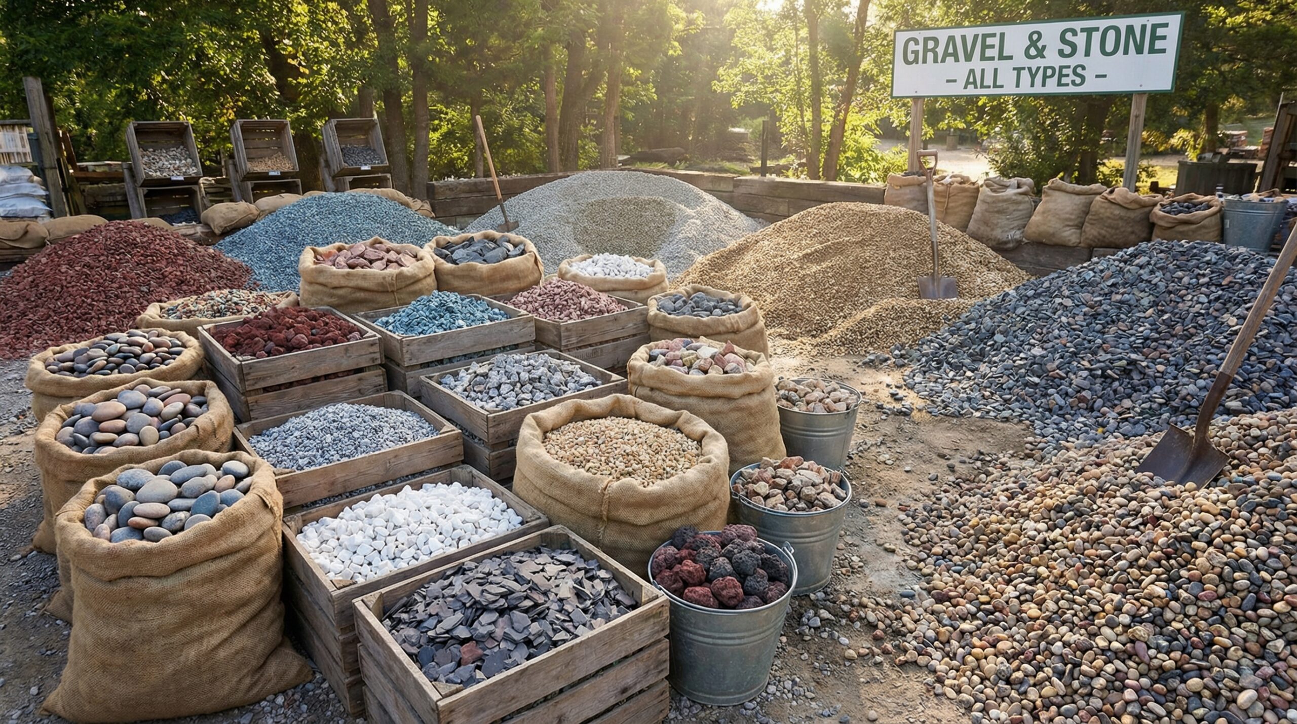 Various types of gravel stones displayed in bags and loose piles showing different sizes and colors