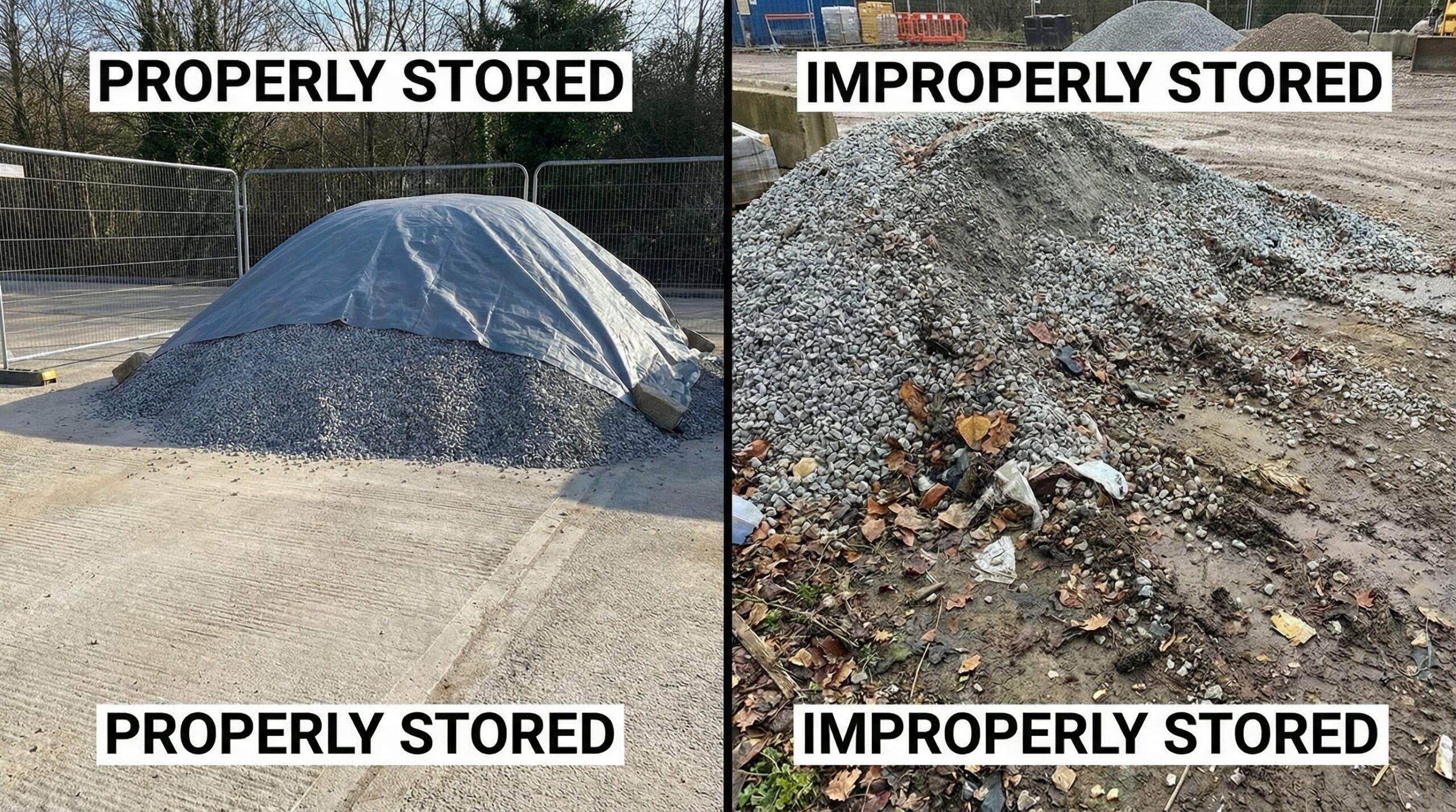 comparison showing properly stored vs improperly stored gravel with visible contamination