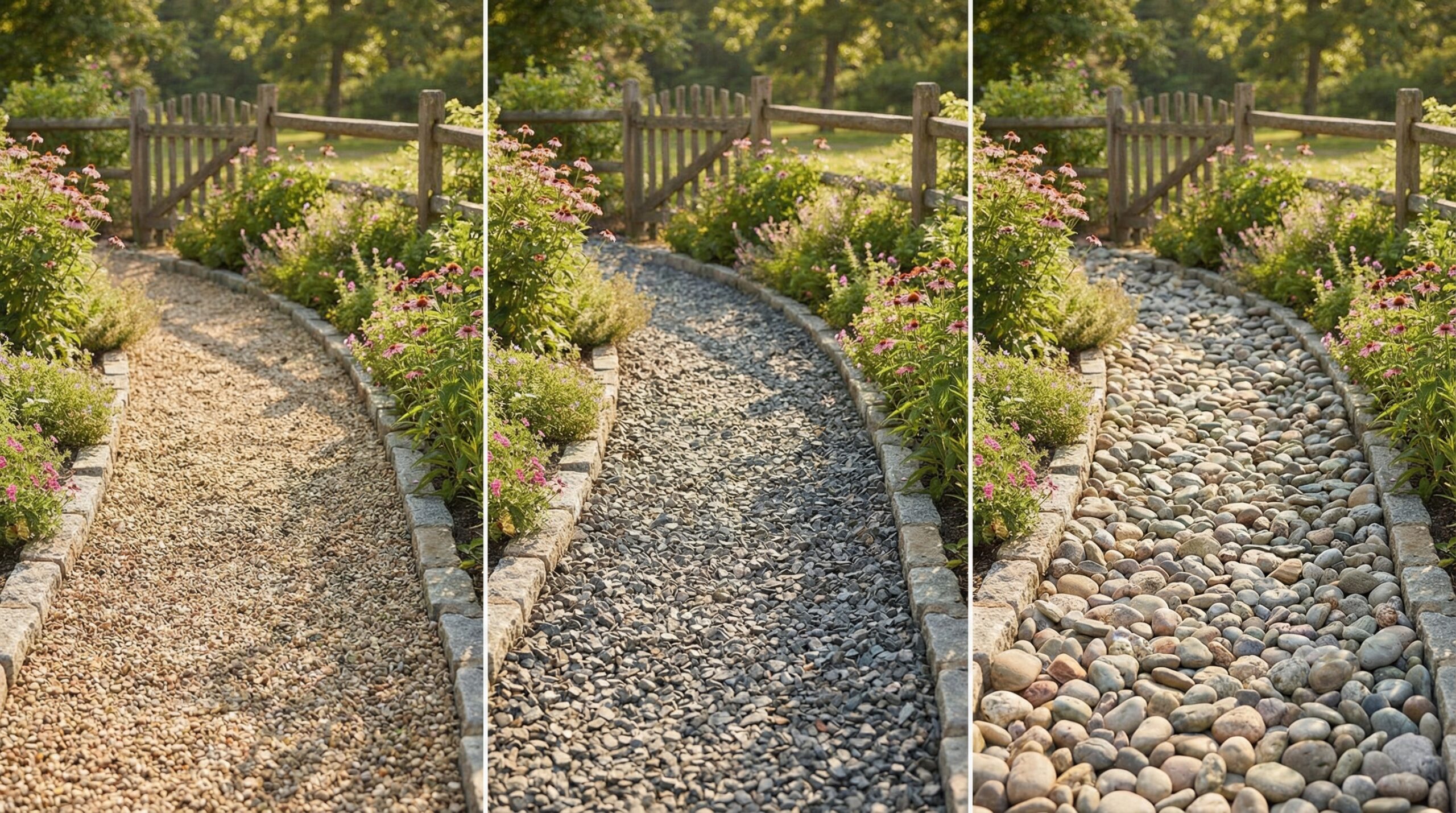 Different gravel sizes on walkway paths