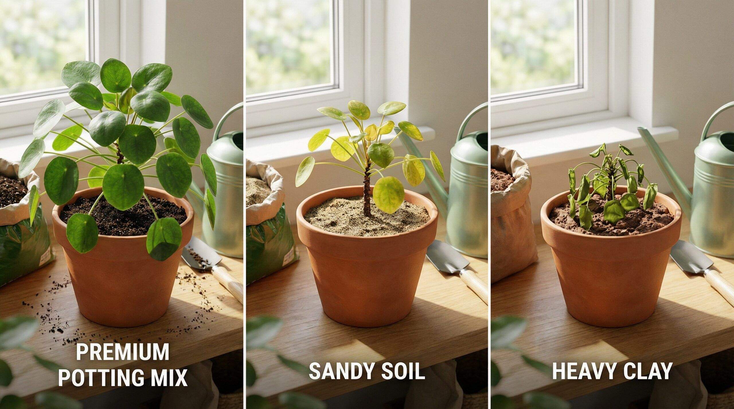 indoor plants in different soil types showing growth differences