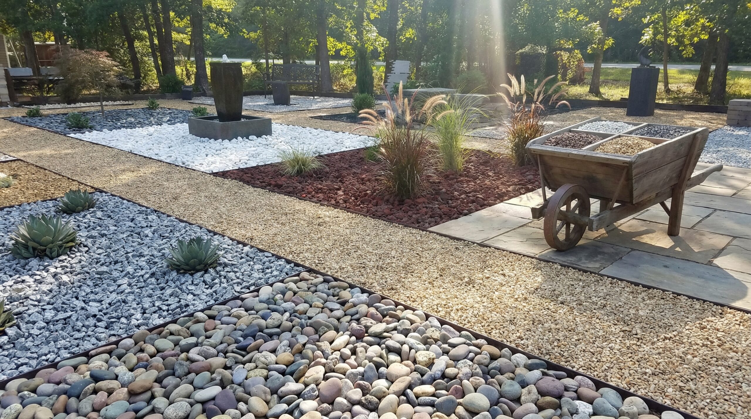 various types of landscaping gravel displayed in outdoor garden setting