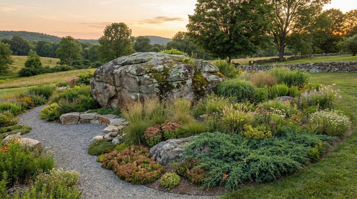 Large boulder landscape focal point in garden