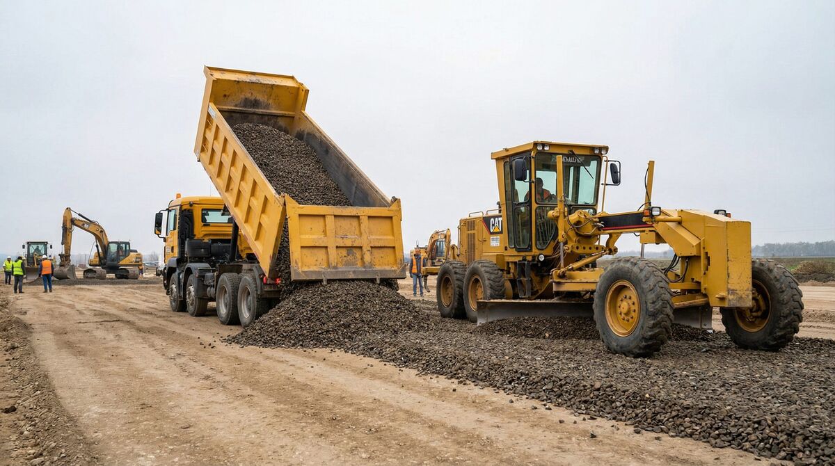 Large gravel installation with heavy equipment for road construction
