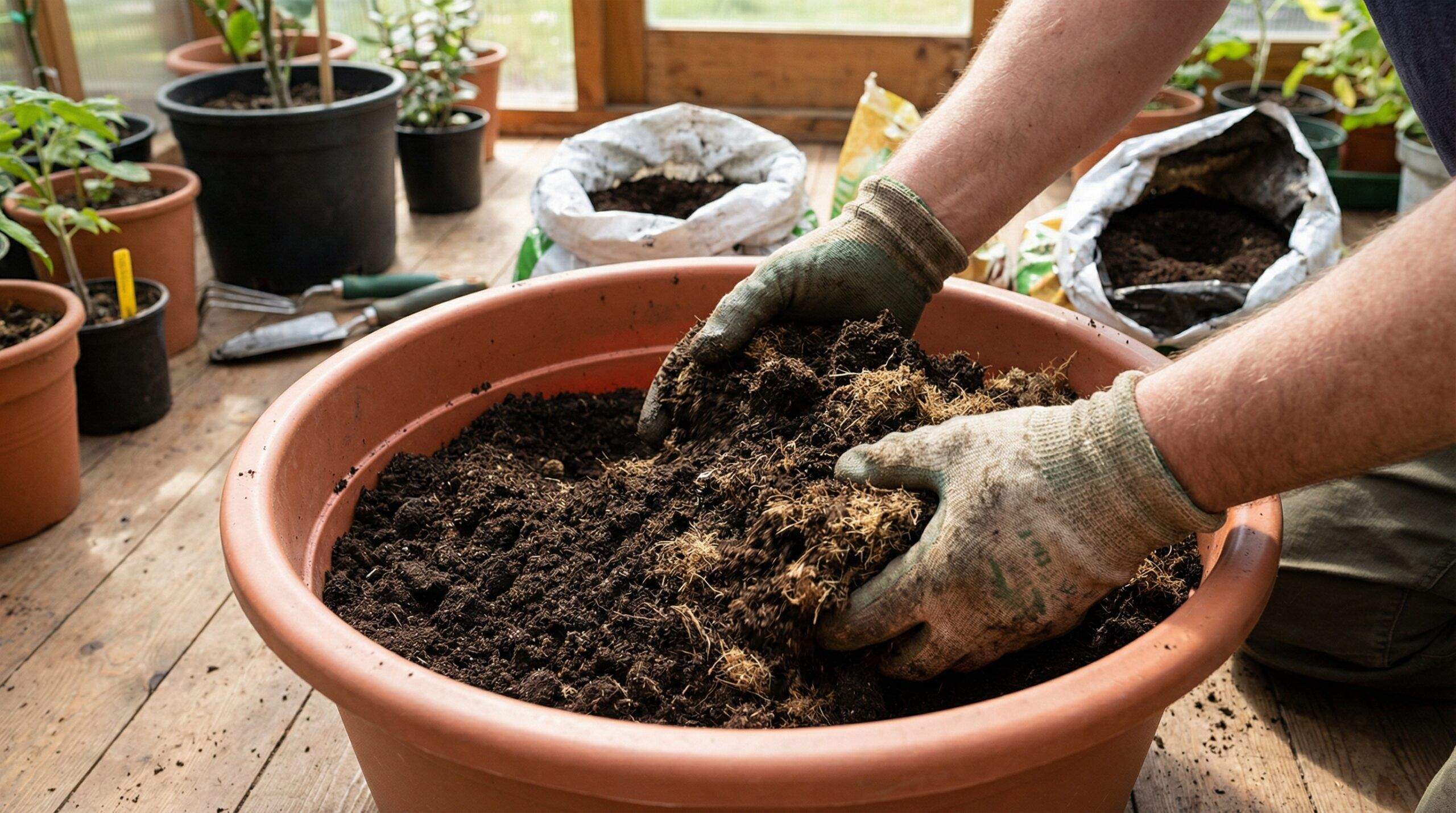hands mixing loamy soil with compost in a large container