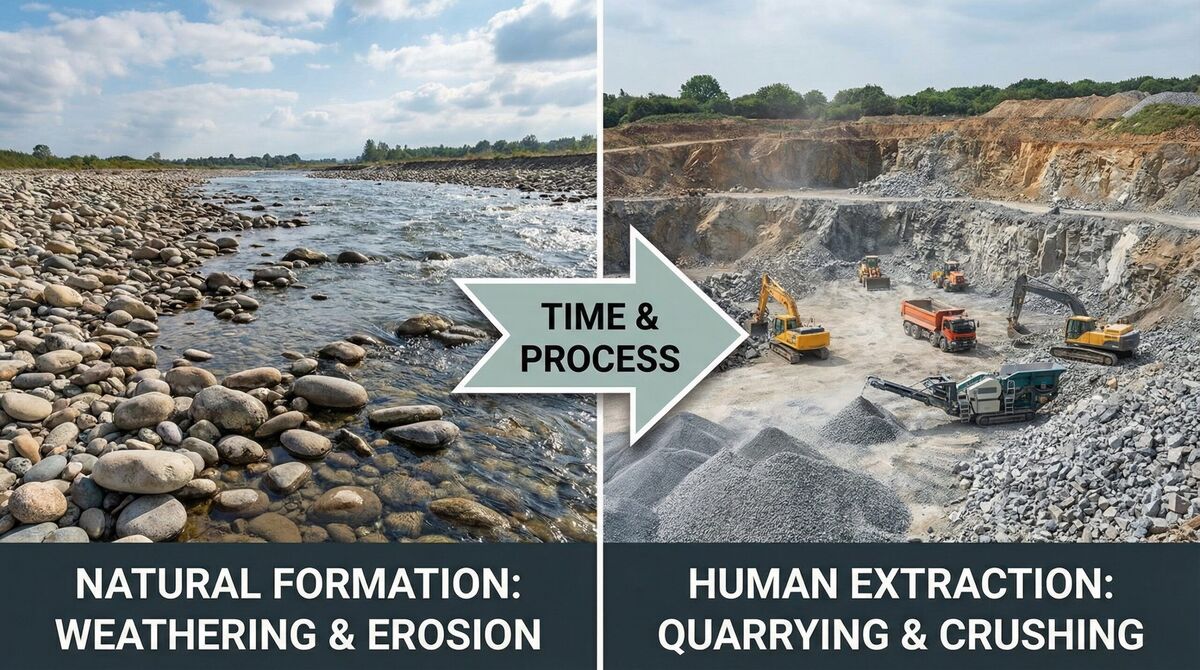 Natural gravel formation process from riverbed to quarry extraction