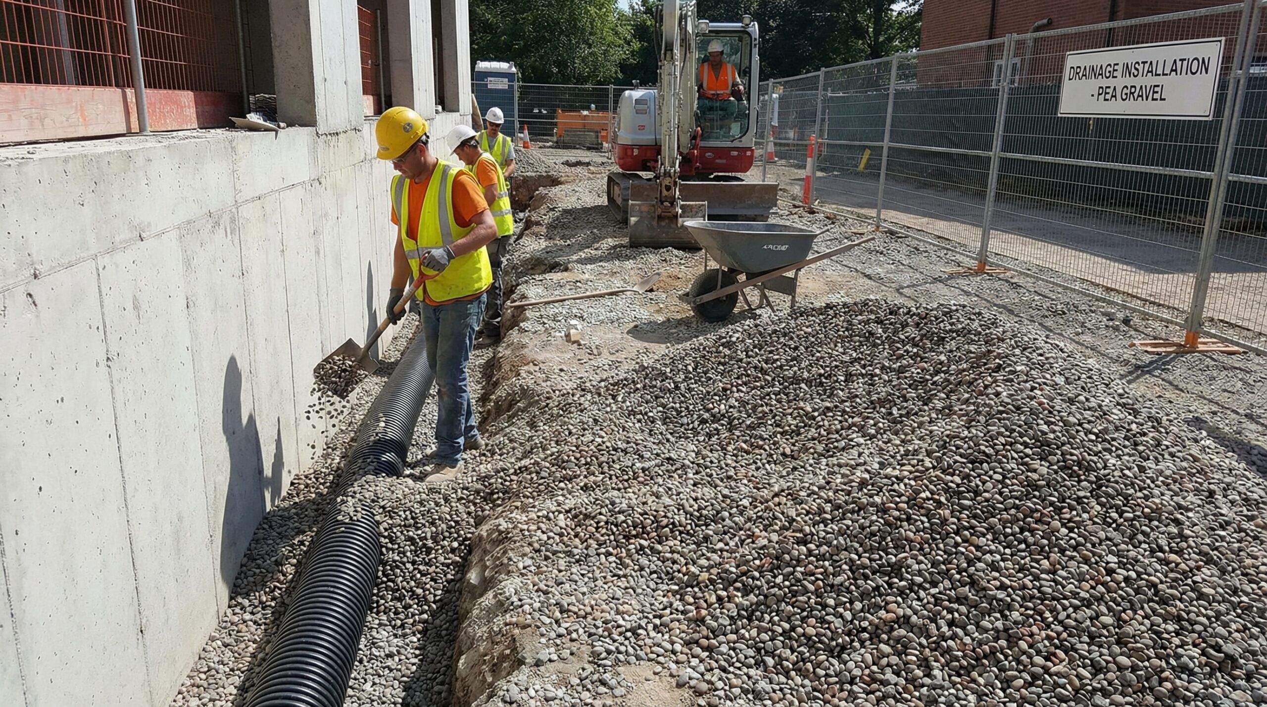 Pea gravel used in construction for drainage application around foundations and pipes