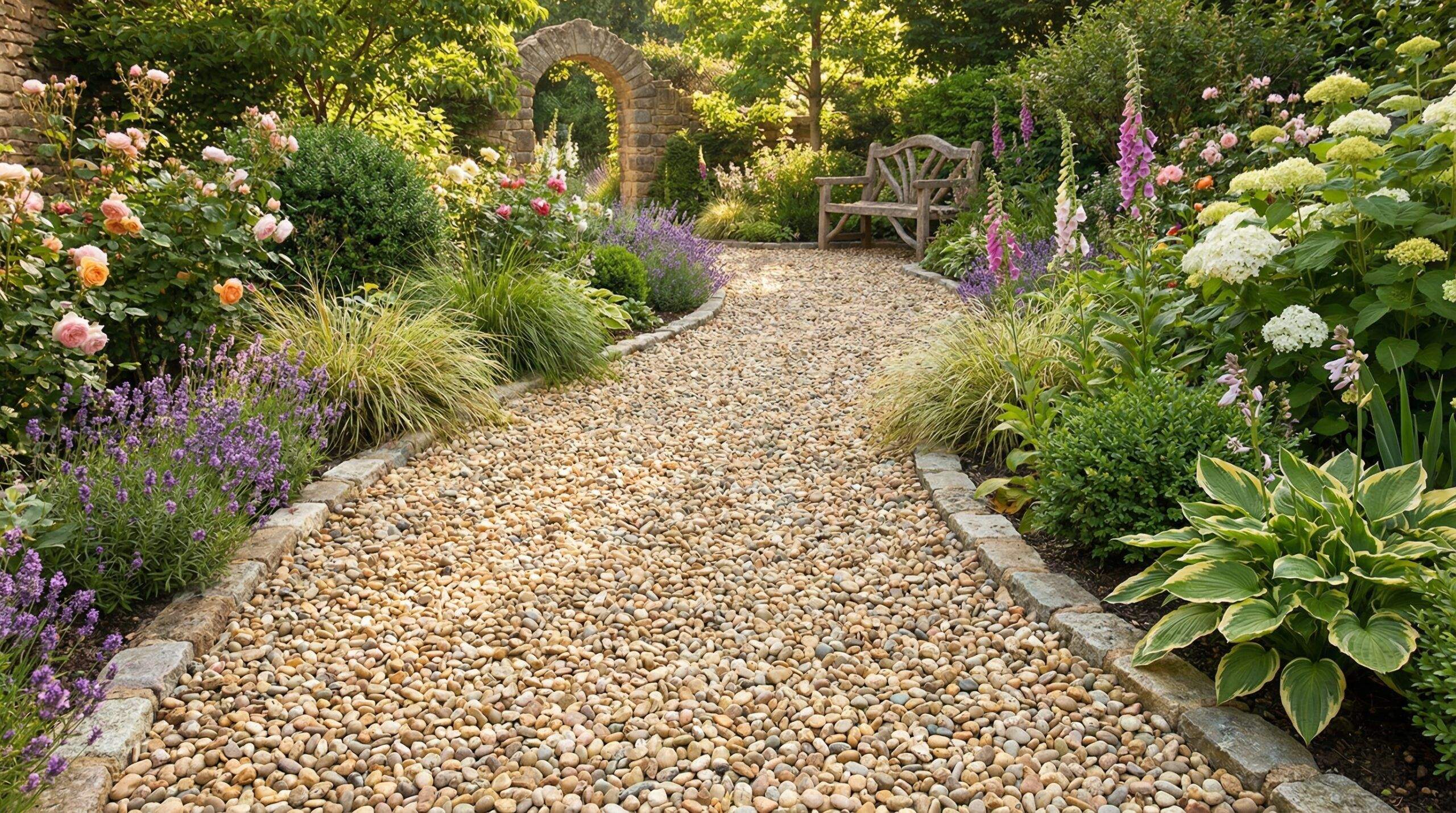 Pea gravel pathway in landscaping application showing small rounded stones used for garden walkways