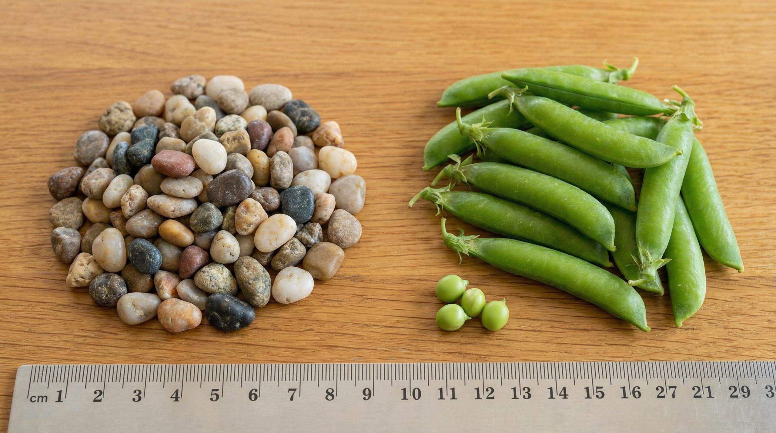 Size comparison between pea gravel and actual peas demonstrating the similarity in dimensions
