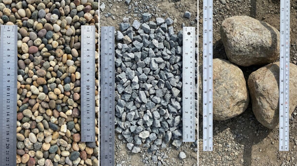 detailed size comparison showing pea gravel crushed stone and boulders with measurement rulers