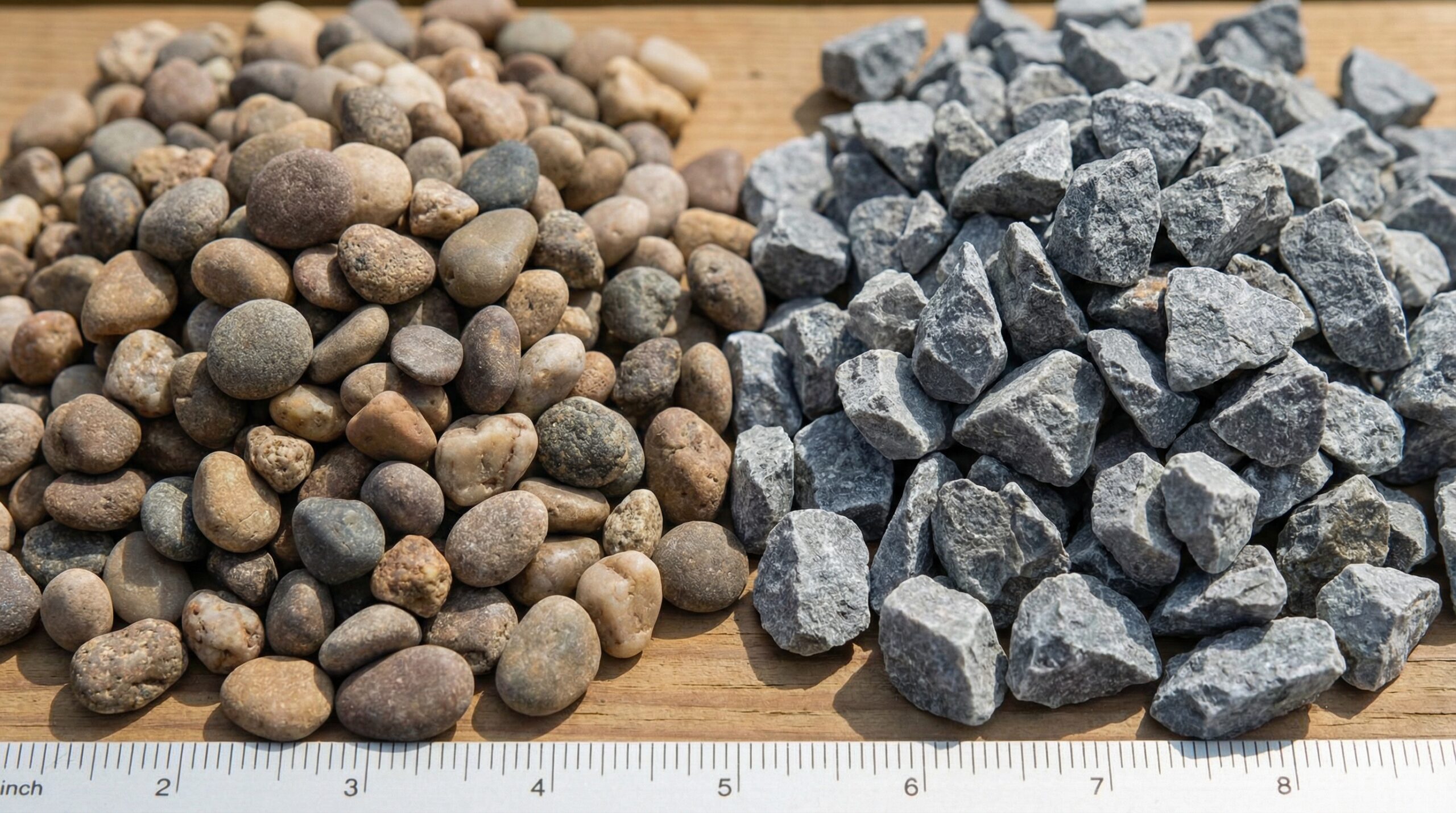 close-up comparison of pea gravel and crushed stone showing size and texture differences
