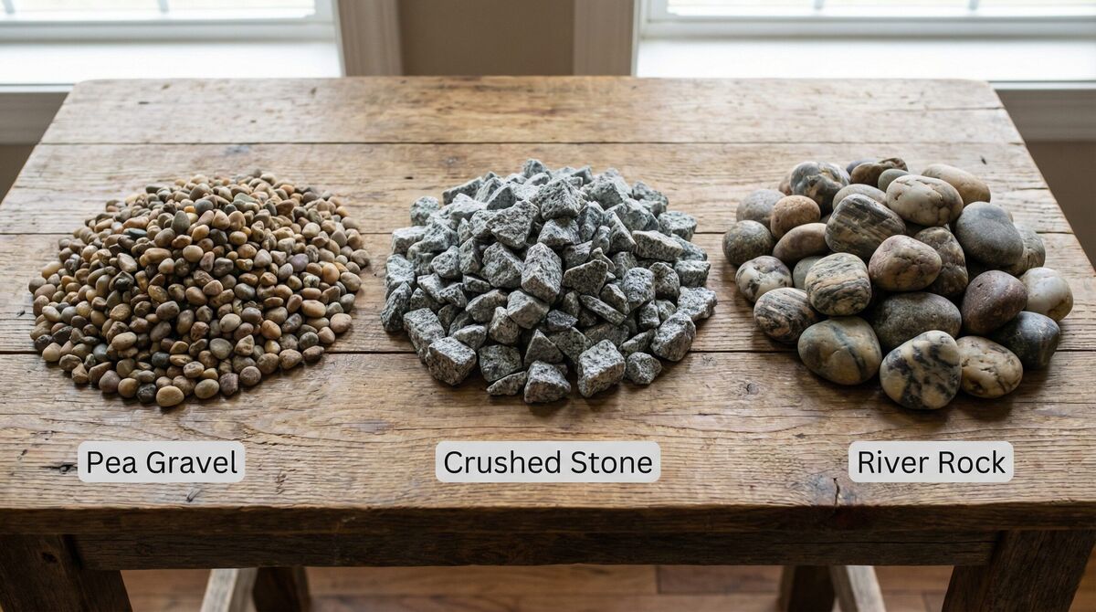 Side by side comparison of pea gravel, crushed stone and river rock