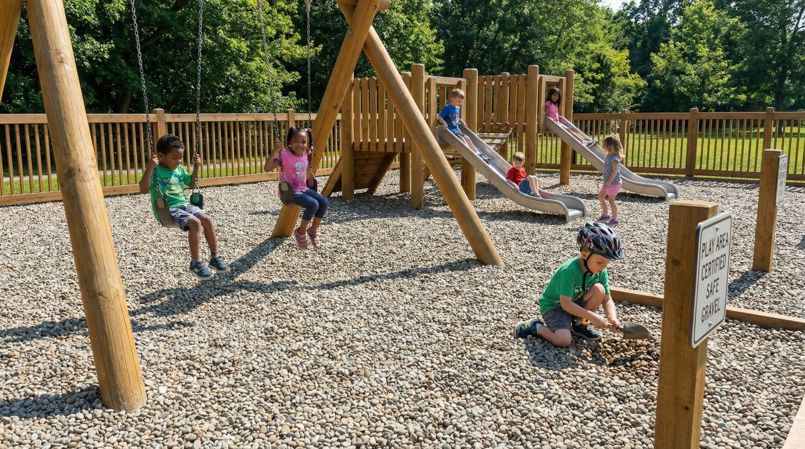 children playing safely on well-maintained gravel playground surface with proper sizing