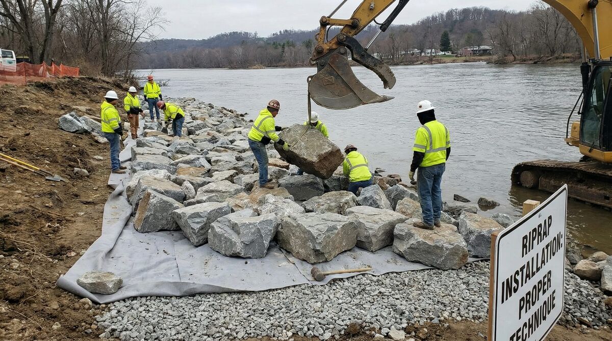 Riprap installation showing proper placement technique