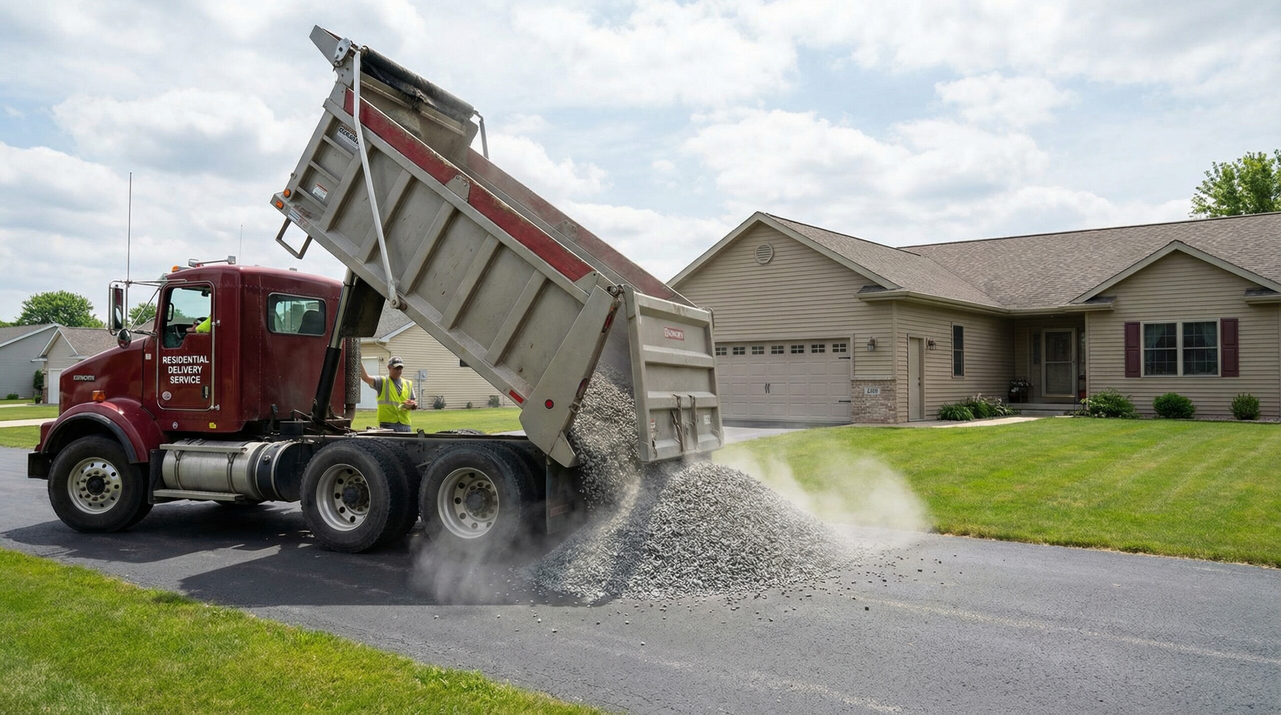Screened rock delivery truck at residential property