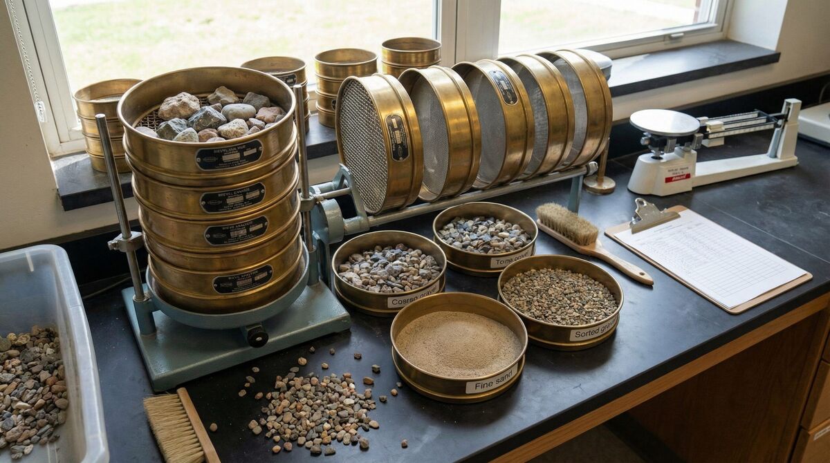 Sieve analysis equipment showing different mesh screens and gravel samples