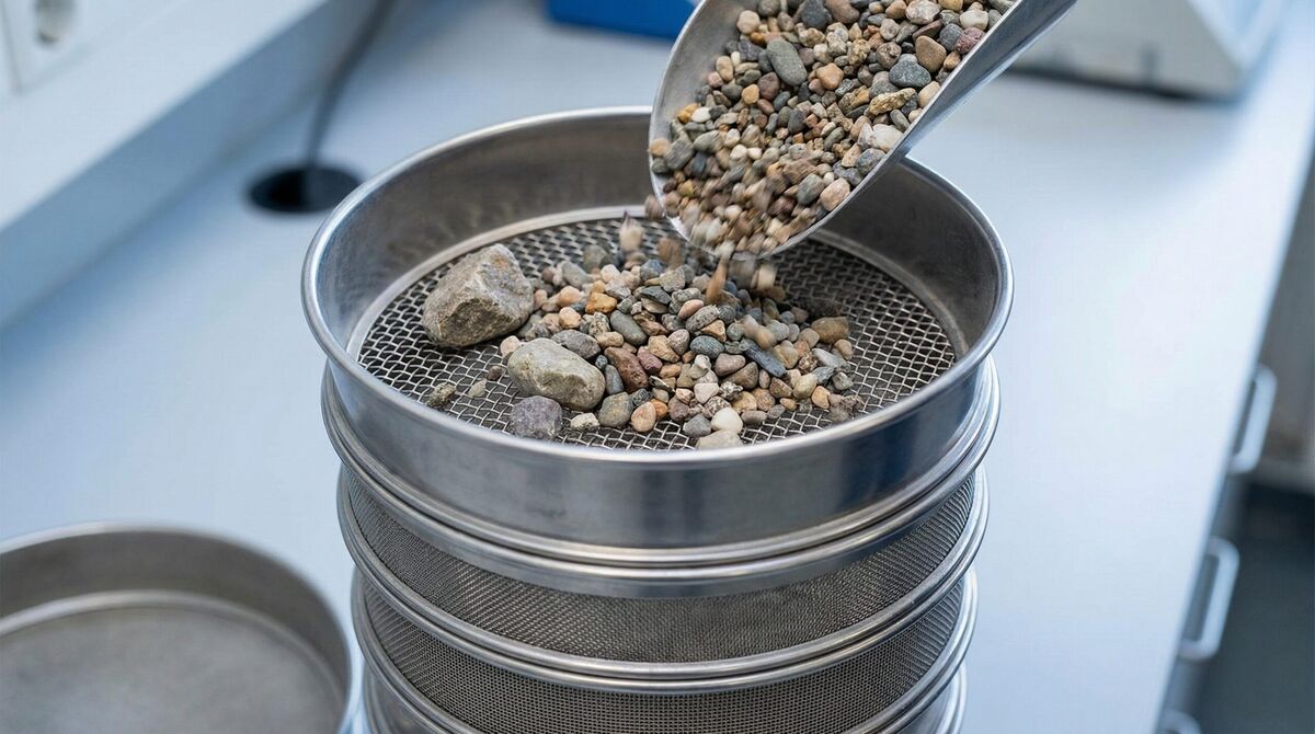 Sieve analysis process showing gravel separation by size