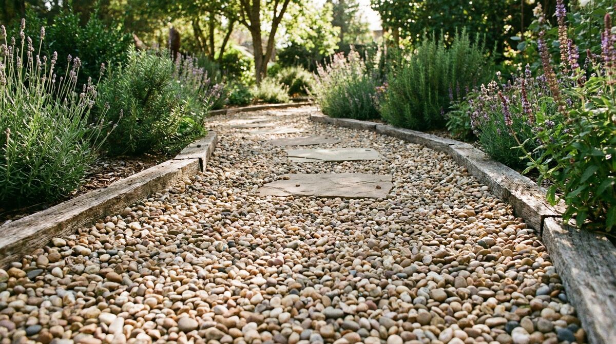 Small pea gravel stones in garden pathway