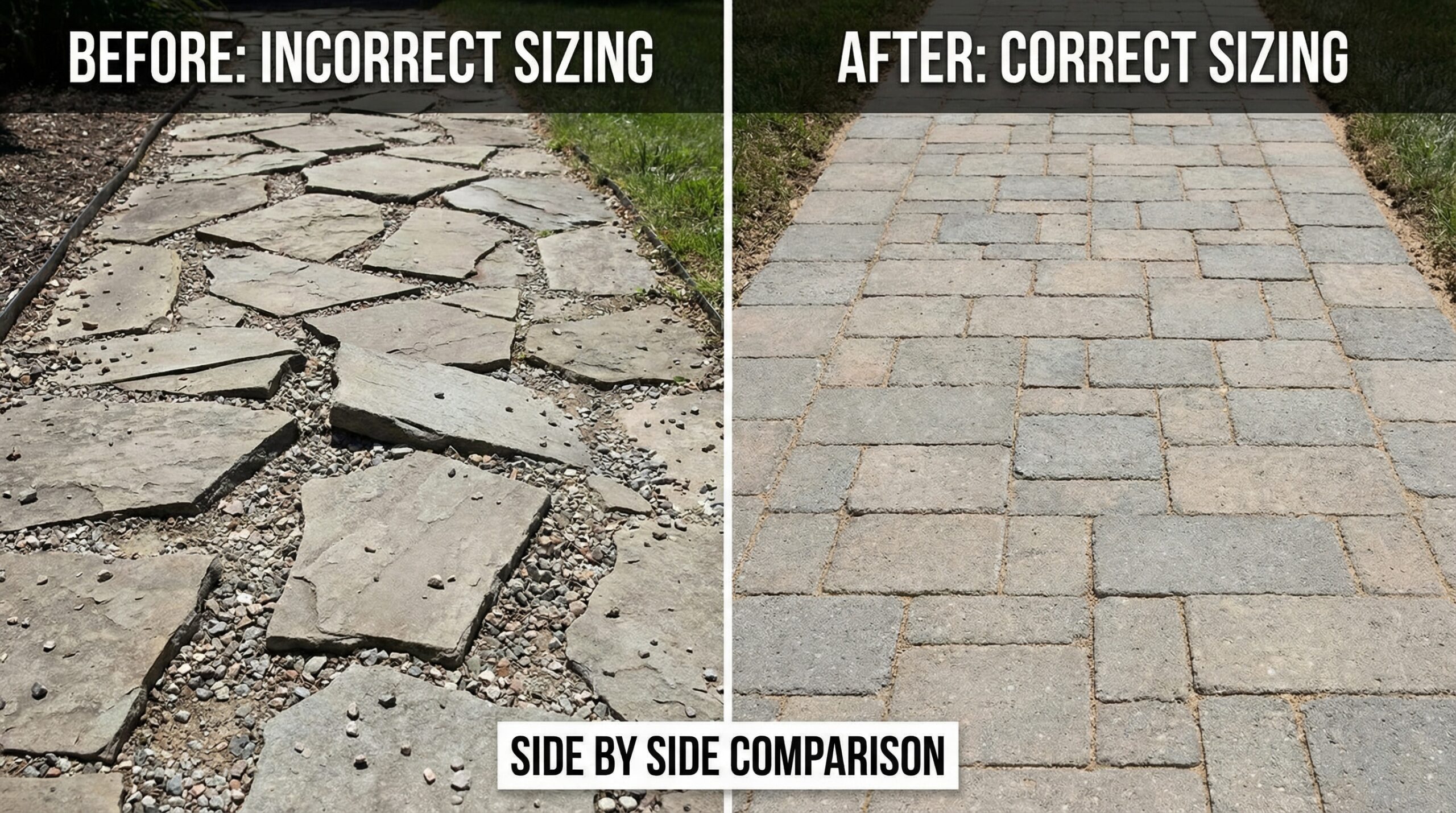 Before and after comparison showing correct versus incorrect stone sizing