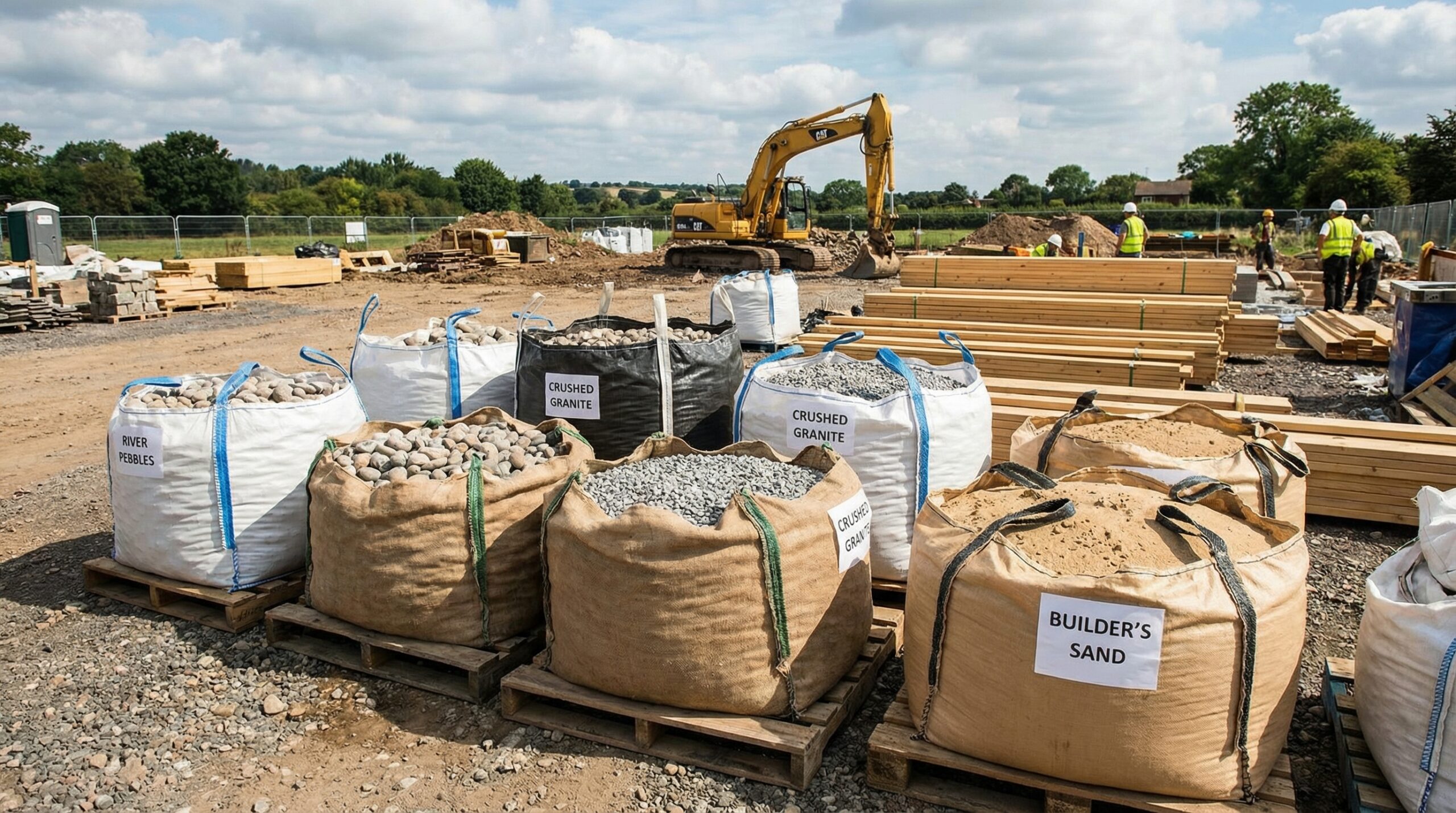 various types of stone bags displayed on construction site